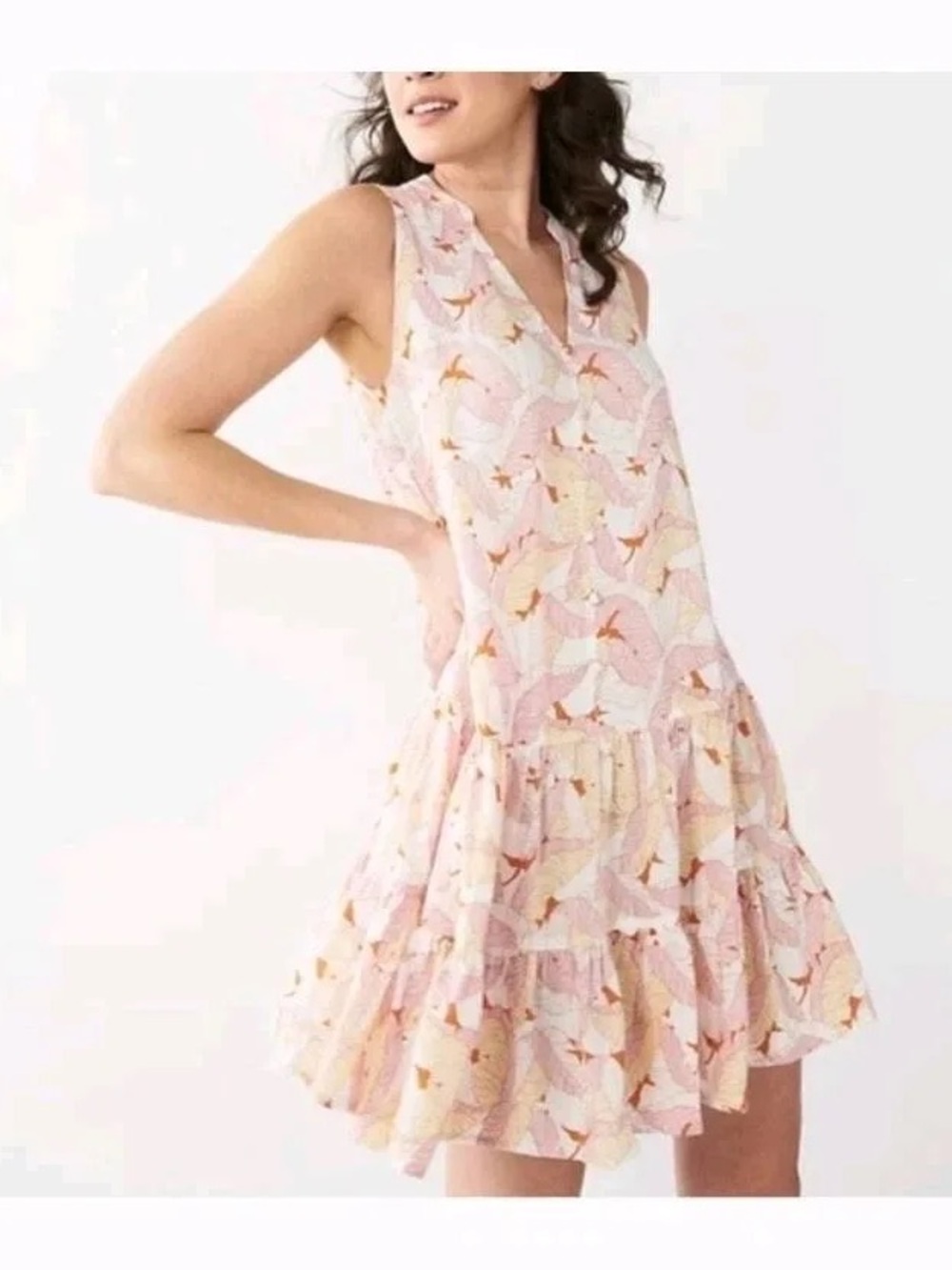 Sleeveless V-neck Ruffled Pink Banana Leaf Summer Dress M
